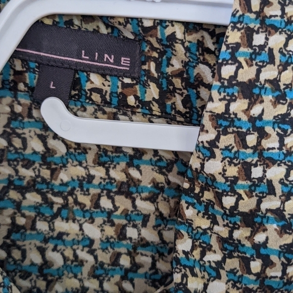 LINE 100% silk abstract print shirt blouse blue brown size Large @T1 - Picture 7 of 10